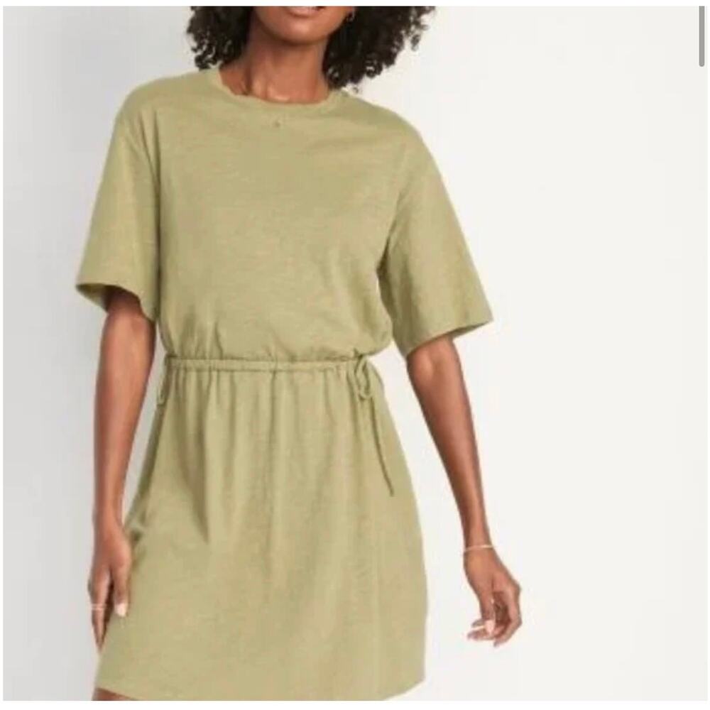 Old Navy Olive Green Tie Waist T-Shirt Dress Casual Short Sleeve Midi Size Large